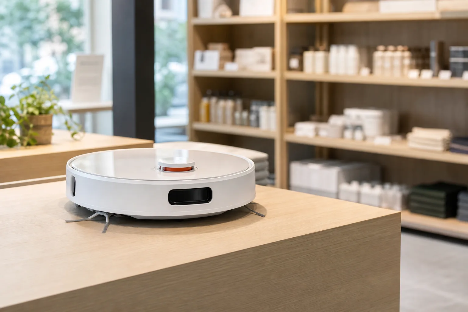 En robotdammsugare uppställd på en disk i en liten, specialiserad butik