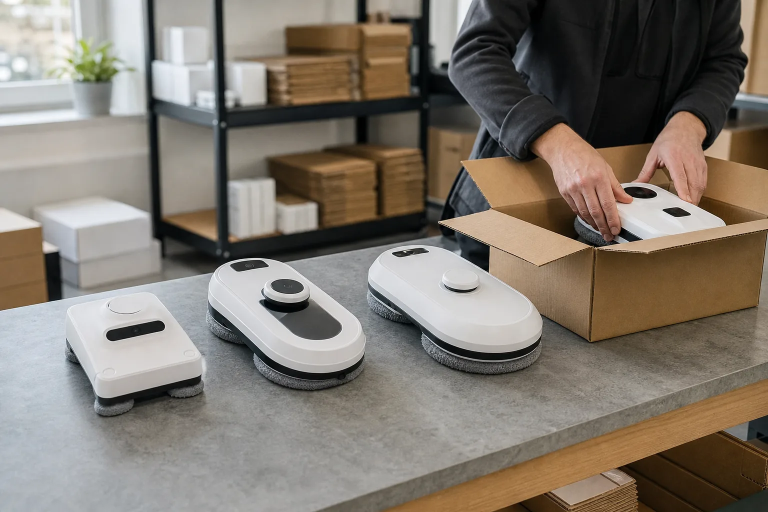 Tre fönsterputsrobotar uppradade i en nätbutikens lager, en person som packar en av dem i en leveranskartong