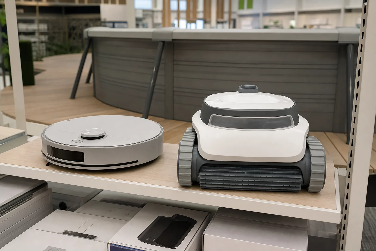 En robotdammsugare och en poolrobot uppställda bredvid varandra i en svensk hem- och trädgårdsbutik