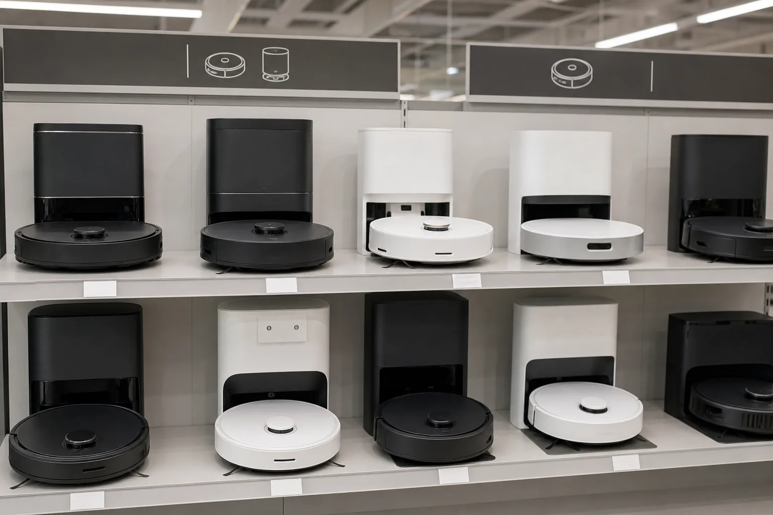Robotdammsugare från olika tillverkare uppradade i en hylla i en svensk elektronikbutik