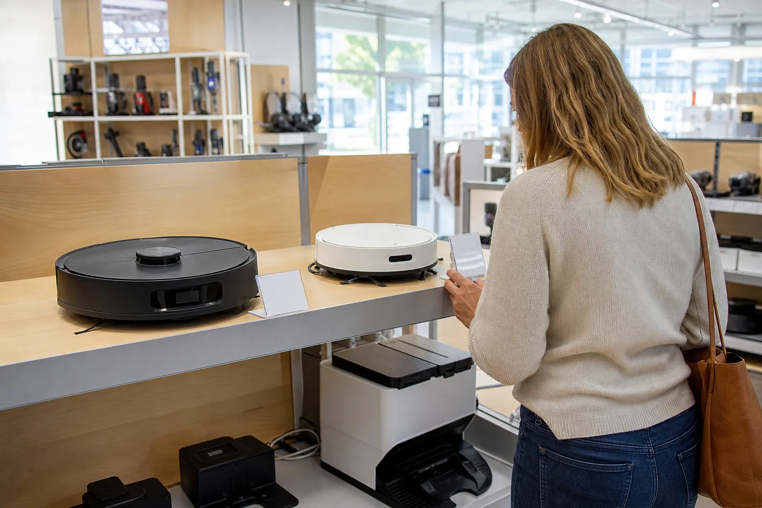 Två robotdammsugare i olika prisklass uppställda på ett hyllplan i en teknikbutik