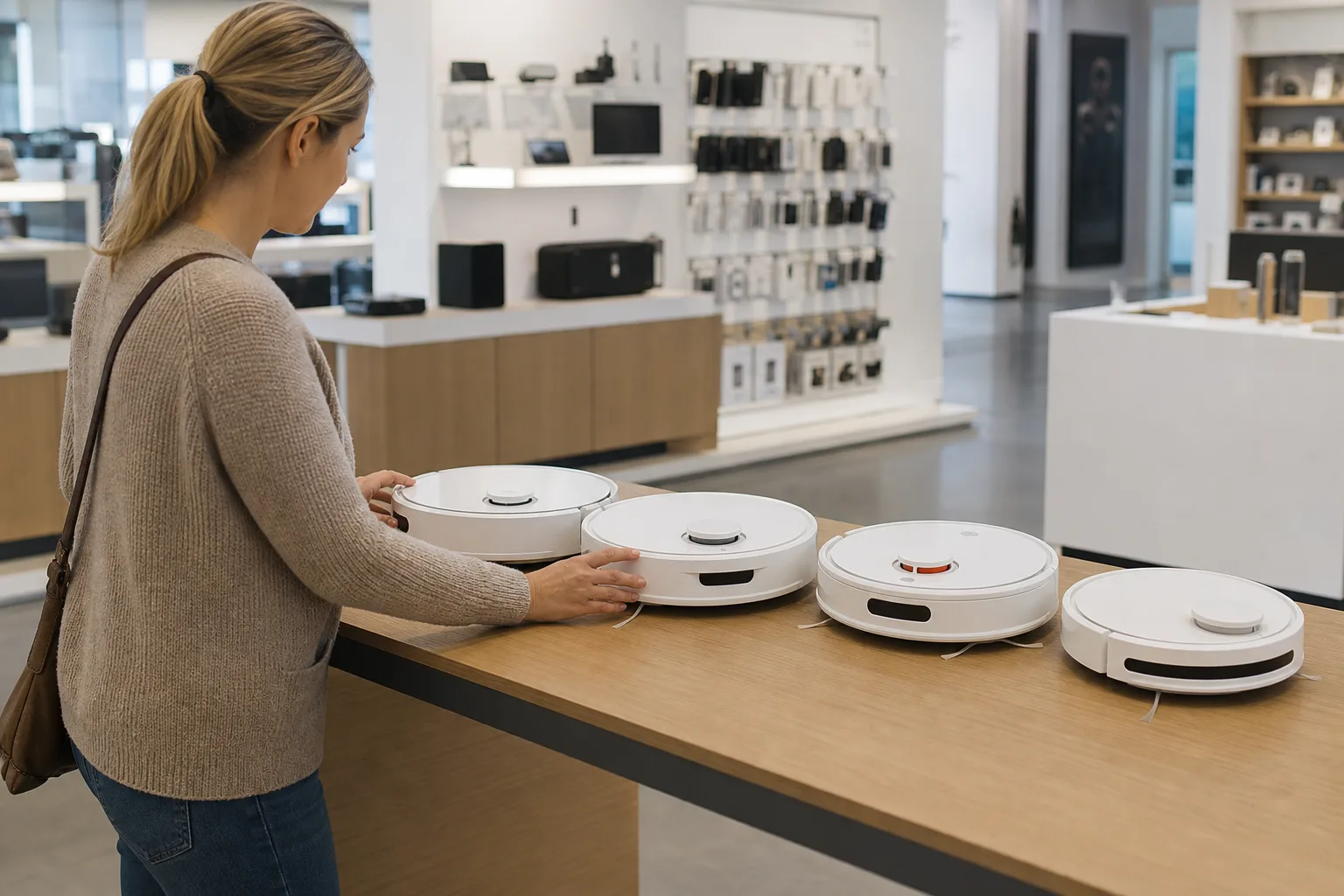 Fyra vita robotdammsugare av samma varumärke uppradade på ett skrivbord i en teknikbutik, en kund som jämför två av dem