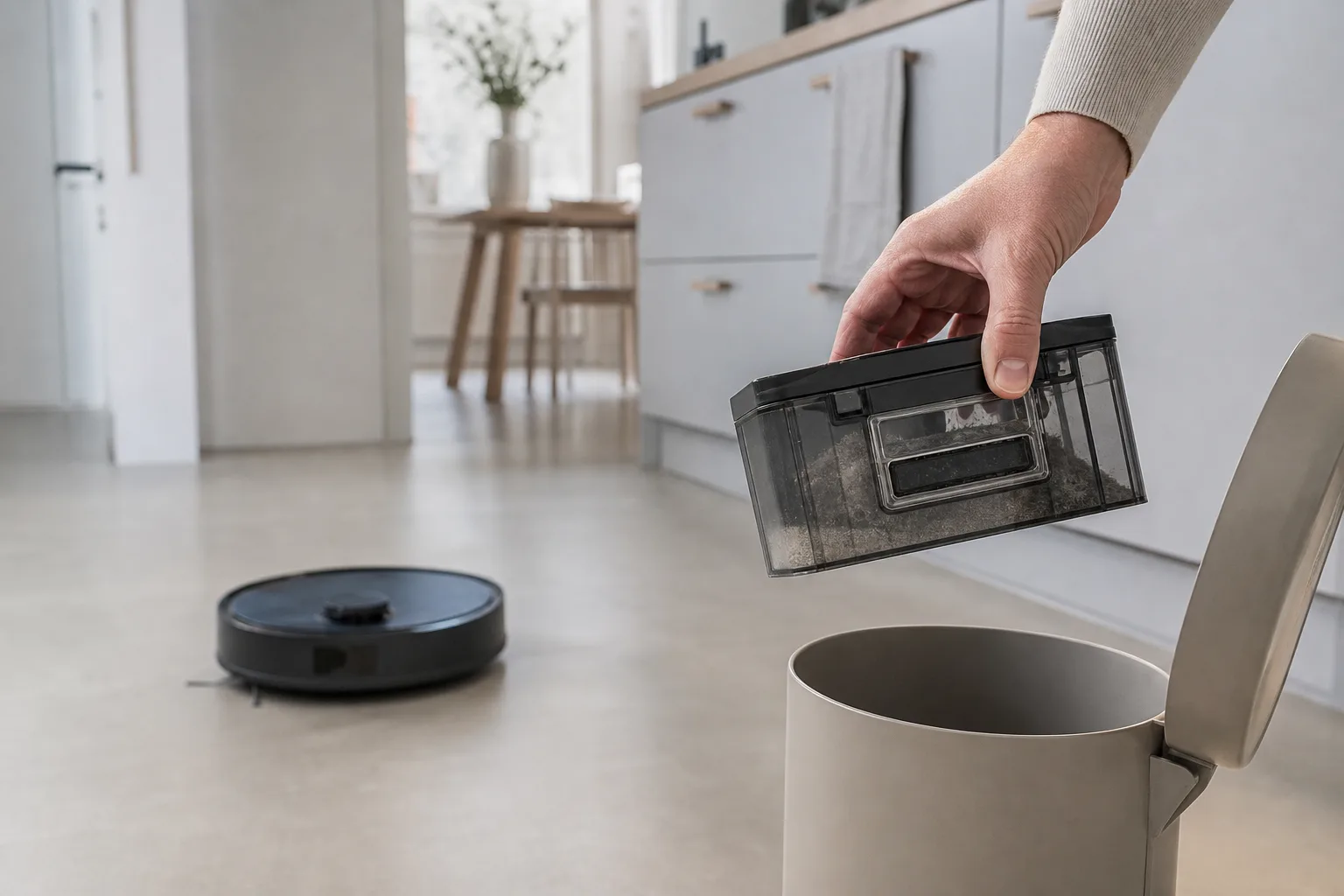 En kompakt robotdammsugare utan tömningsstation som städar ett kök med hårt golv, en hand som lyfter ur dammbehållaren