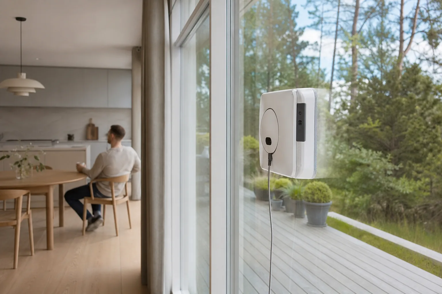 Fönsterputsrobot som putsar ett högt fönsterparti i en svensk villa medan ägaren sitter vid köksbordet i bakgrunden