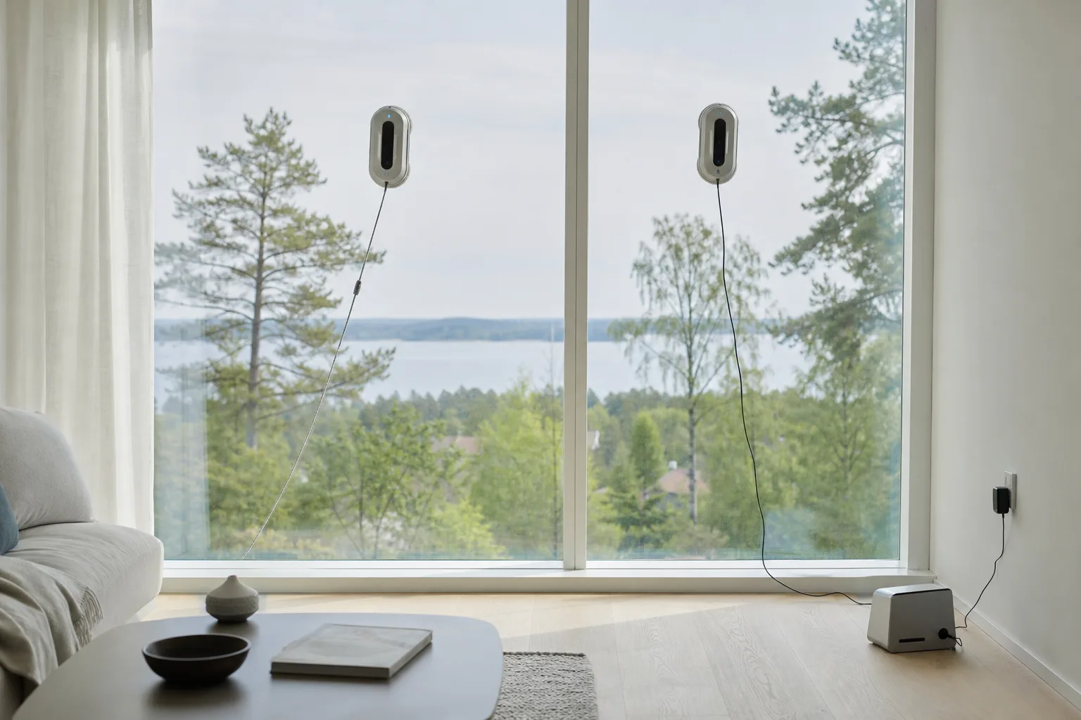 Två fönsterputsrobotar jämförs sida vid sida på ett fönster, en med batteristation och en med nätkabel