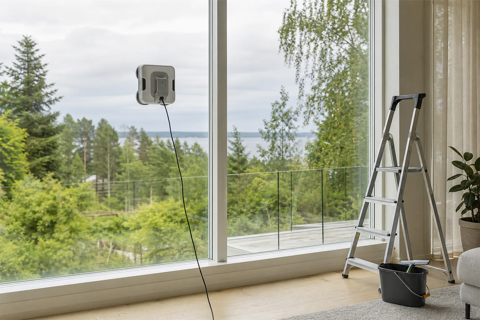 Fönsterputsrobot som putsar ett fönster medan en stege med hink och skrapa står oanvänd bredvid i ett svenskt hem