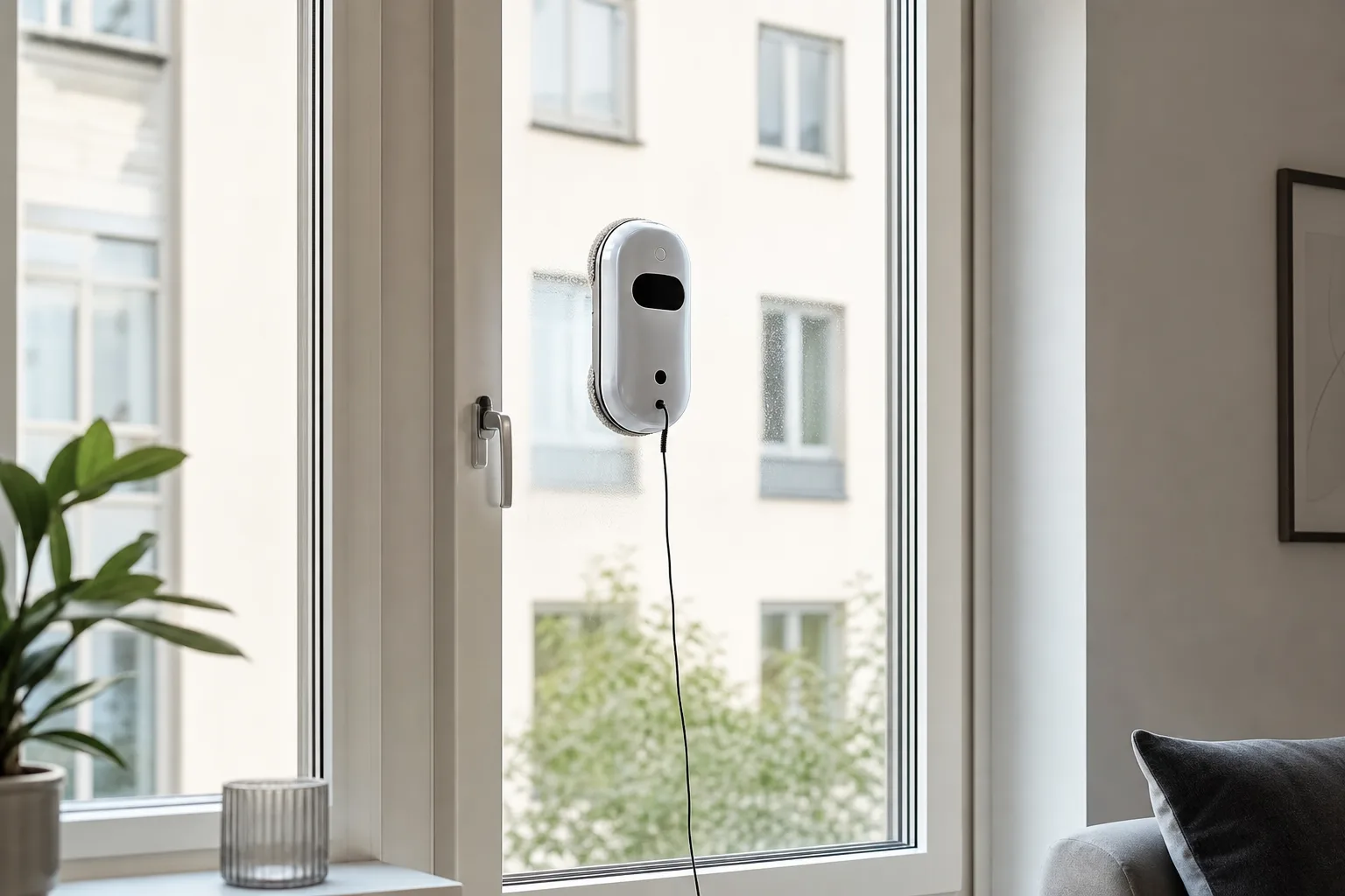 Fönsterputsrobot som putsar ett fönster i en ljus svensk lägenhet med enkel inredning