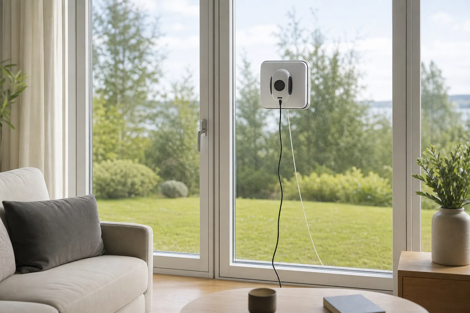 Fönsterputsrobot som rengör ett stort fönster i ett ljust vardagsrum