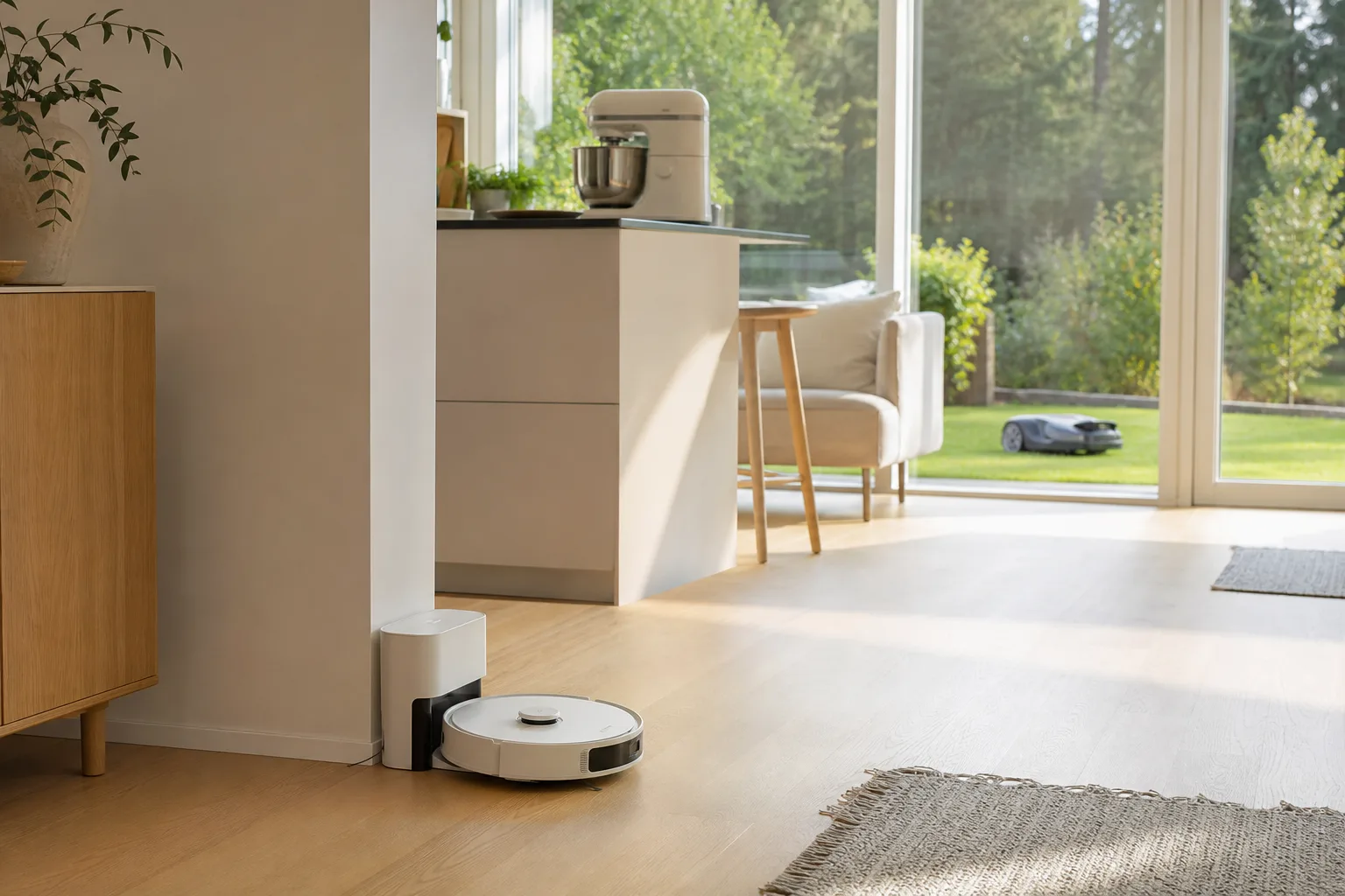 Robotdammsugare, robotgräsklippare och köksassistent samlade i ett svenskt hem
