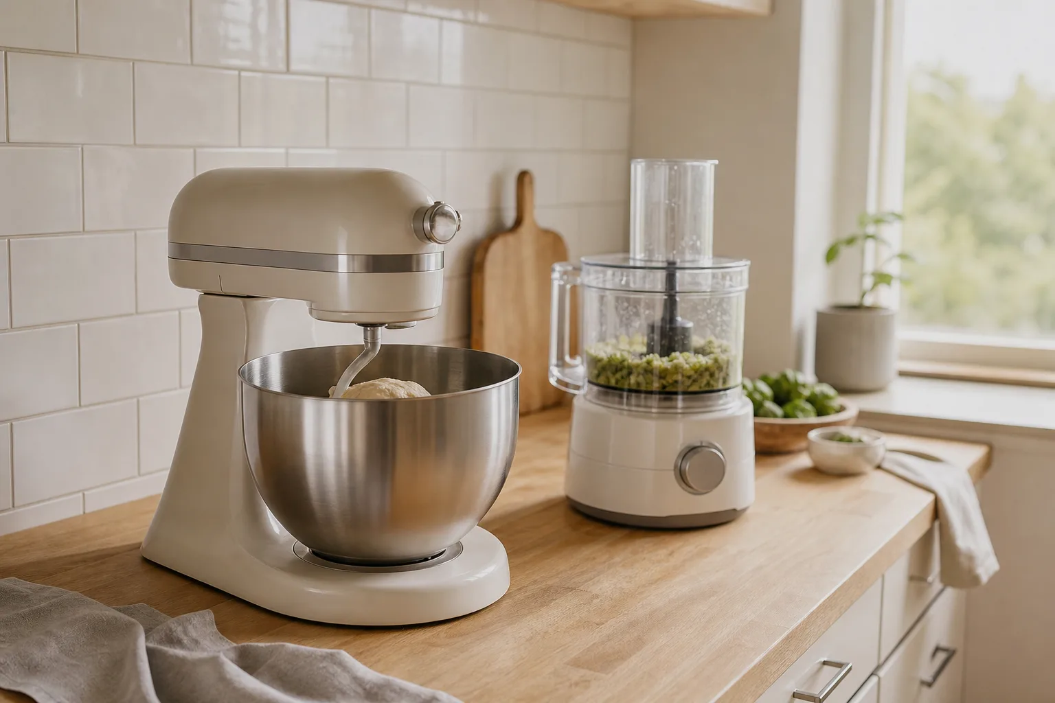 Köksassistent och matberedare på en köksbänk med bröddeg och hackade grönsaker