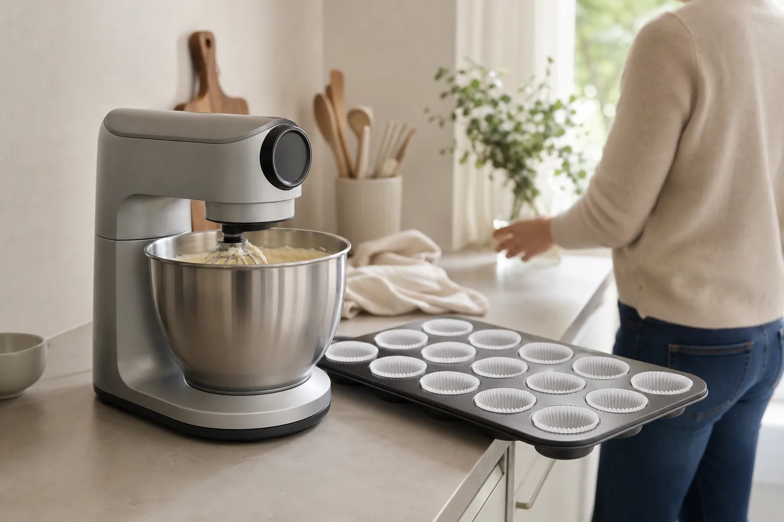 Kompakt köksassistent som vispar sockerkakssmet i ett litet ljust kök med muffinsformar bredvid