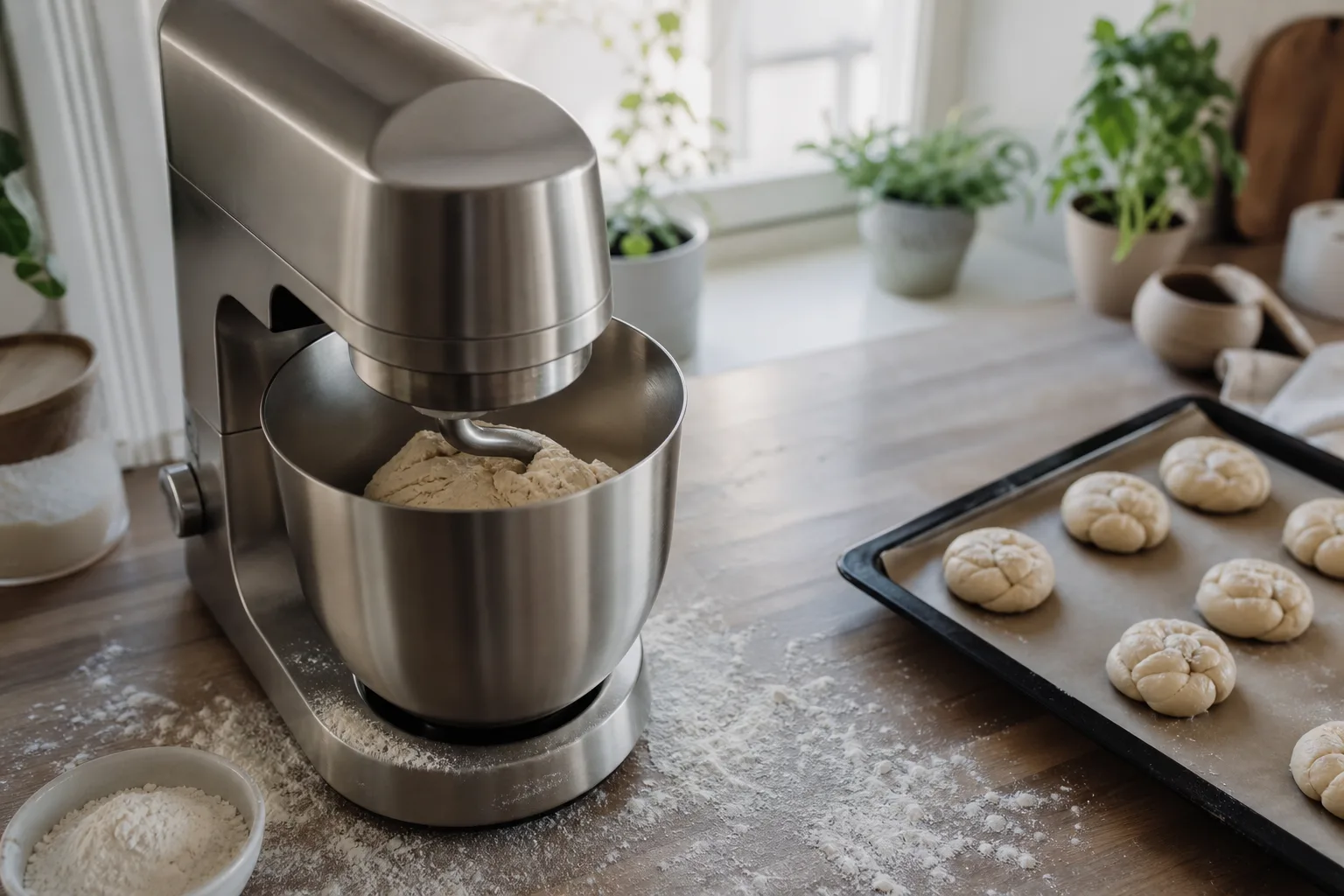 Köksassistent som knådar bröddeg på en köksbänk med mjöl och formade bullar bredvid