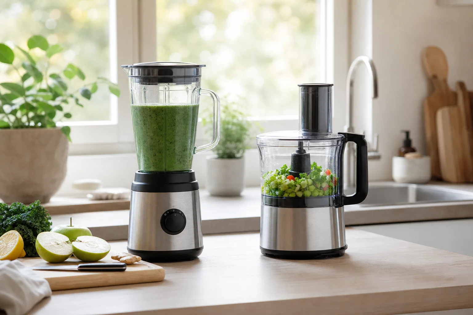 En blender fylld med smoothie bredvid en matberedare med nyhackade grönsaker på en köksbänk