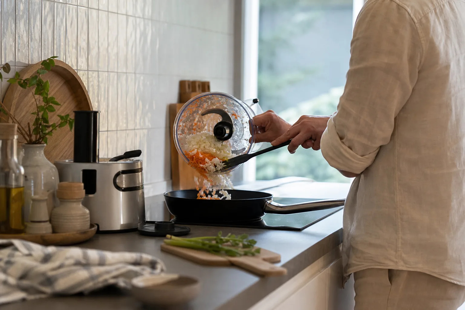 En vardagskock häller nyhackad lök och riven morot från en matberedare ner i en stekpanna på köksbänken