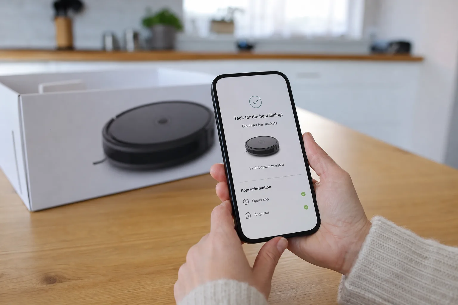 Närbild på en kvittoprint och en telefon med orden öppet köp och ångerrätt synliga i en orderbekräftelse, en robotdammsugarkartong i bakgrunden