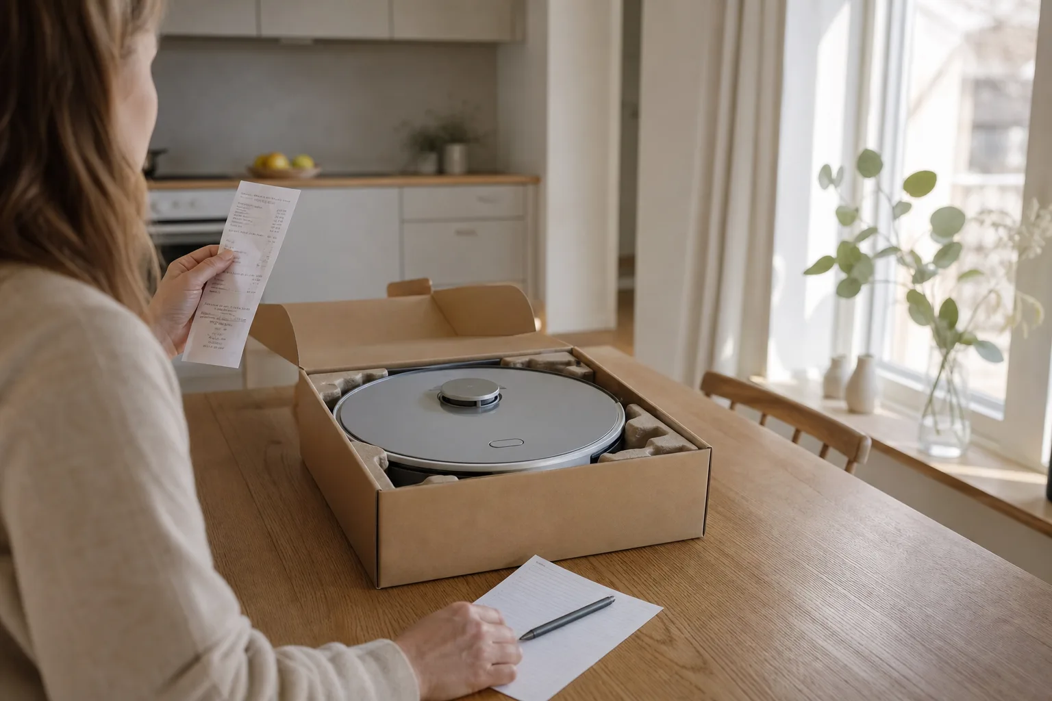 Person som sparar kvitto och kartong efter ett robotköp vid ett köksbord