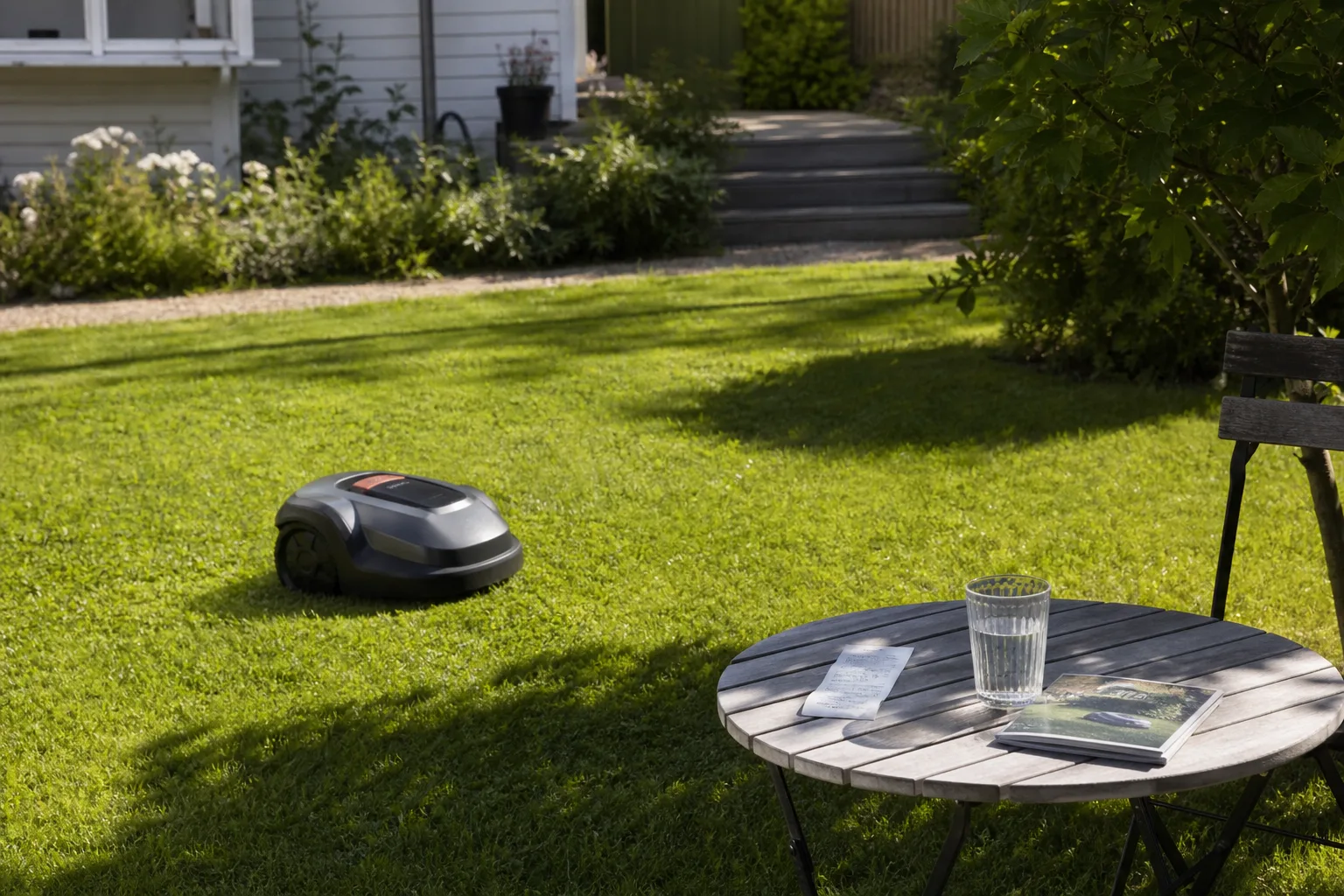 En robotgräsklippare på en villagräsmatta bredvid en hopvikt hyreslapp och ett köpkvitto på ett trädgårdsbord