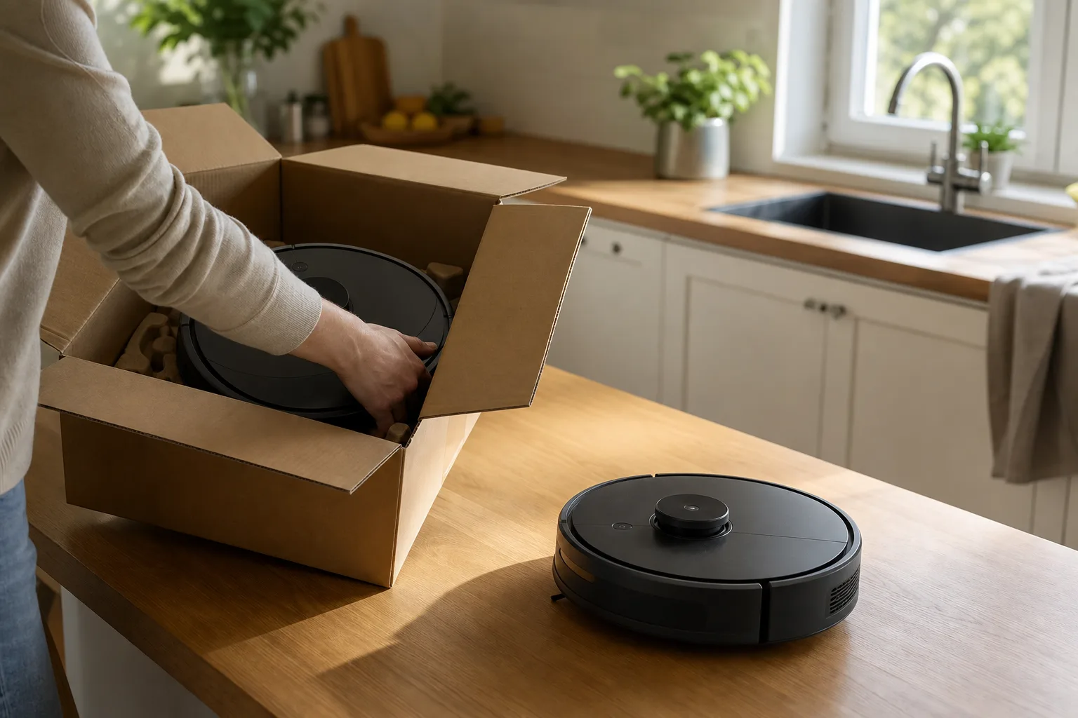En hand jämför en nyinköpt robotdammsugare i originalkartong med en rekonditionerad modell bredvid på ett köksbord