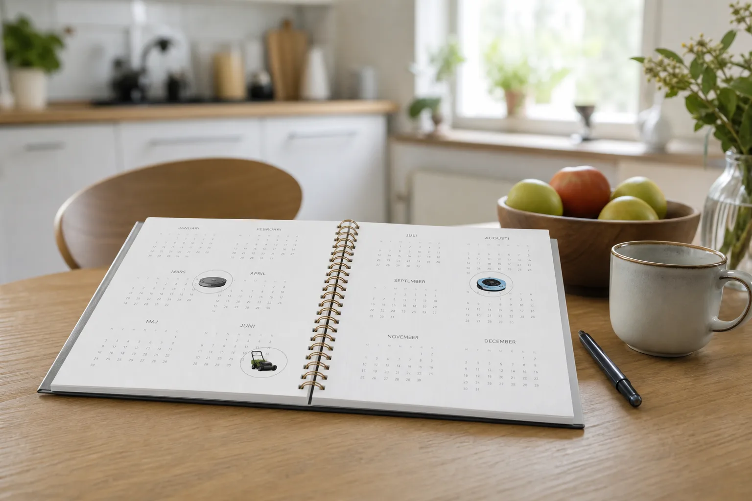En årskalender på ett köksbord med små ikoner för robotdammsugare, robotgräsklippare och poolrobot markerade vid olika månader