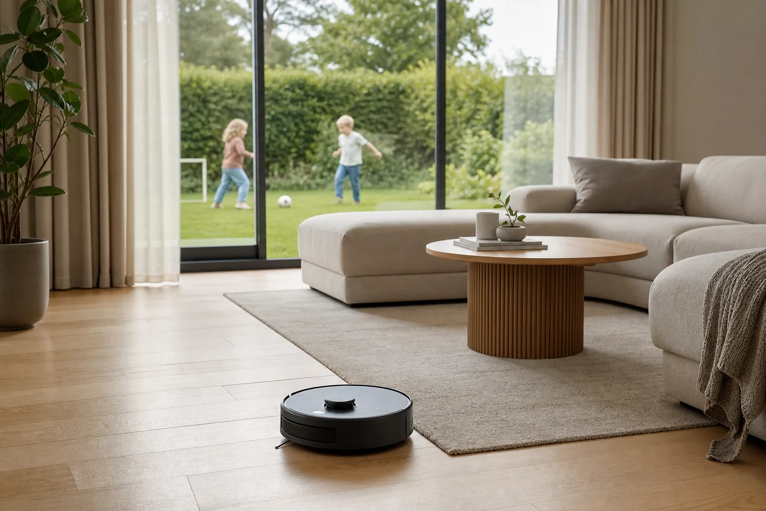En robotdammsugare som städar ett vardagsrumsgolv med leksaker undanplockade, medan barn syns leka på gräsmattan genom fönstret
