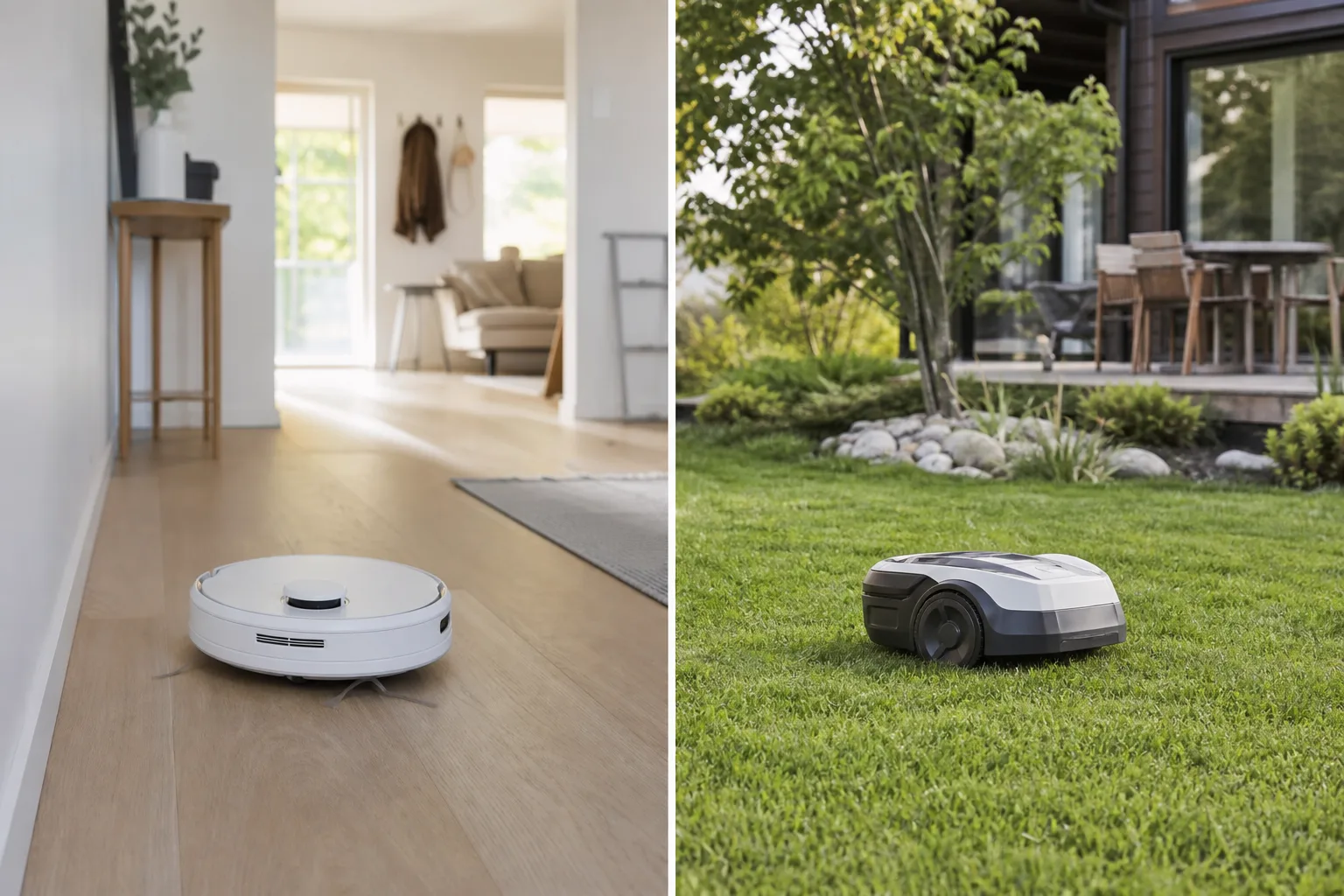 En robotdammsugare i en modern lägenhetshall och en robotgräsklippare på en villagräsmatta sida vid sida, delad bild