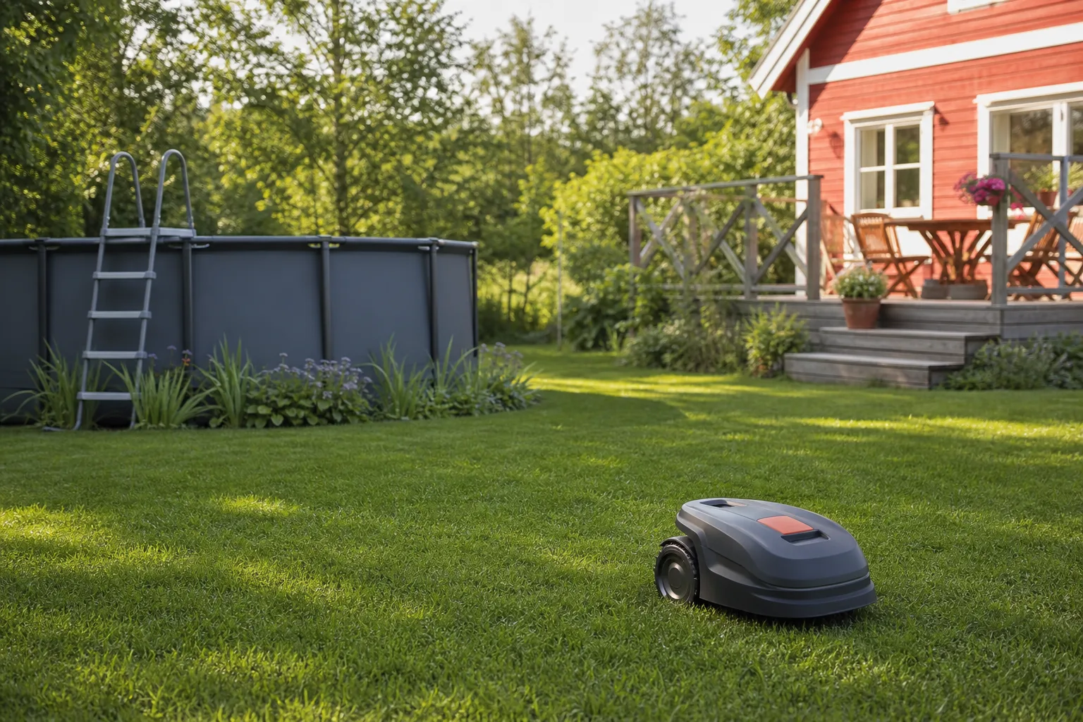Ett rödmålat fritidshus med en robotgräsklippare på gräsmattan och en ovanmarkspool synlig vid sidan om