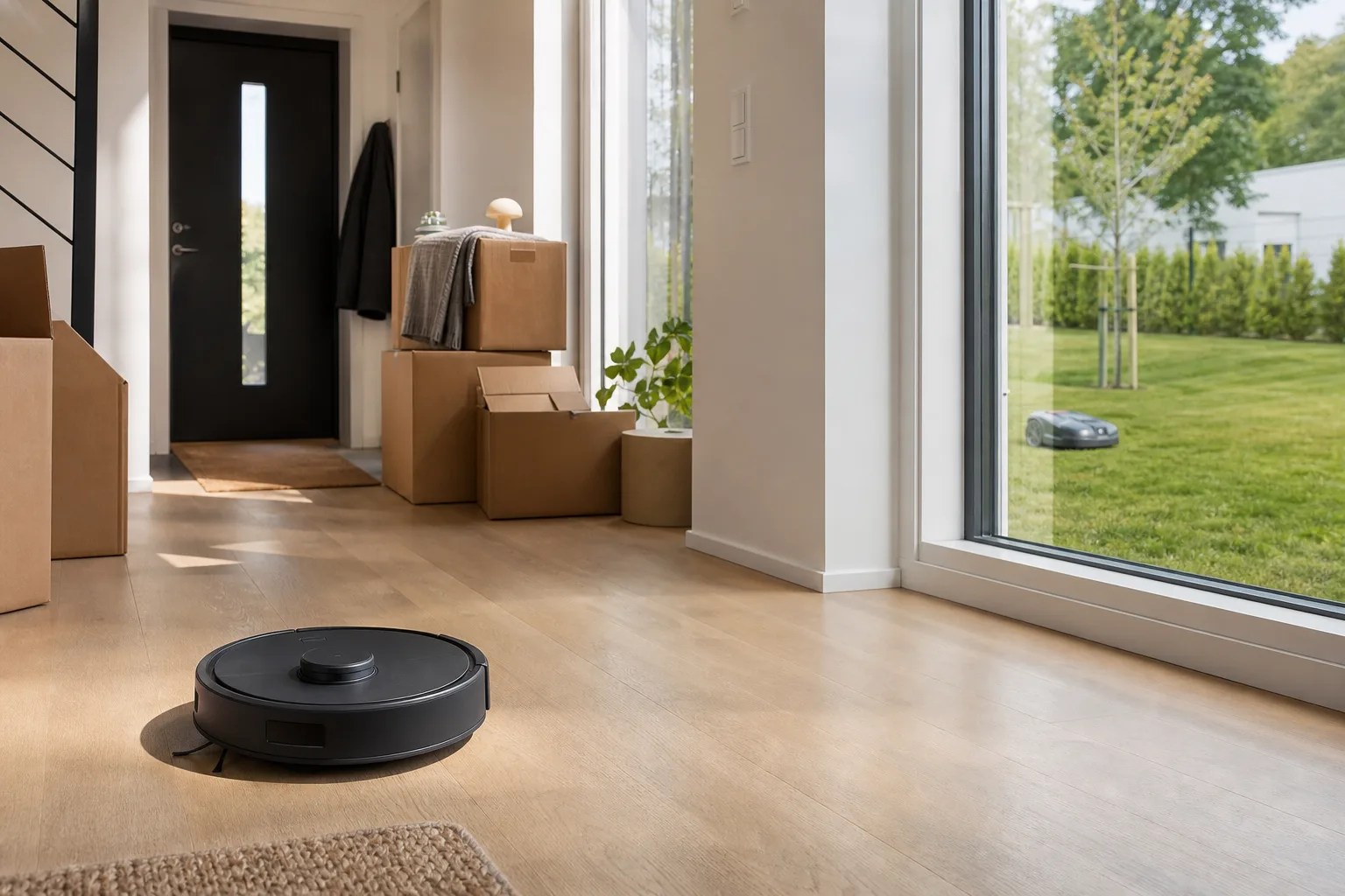 Robotdammsugare och robotgräsklippare i ett nyinflyttat hus med flyttkartonger i hallen