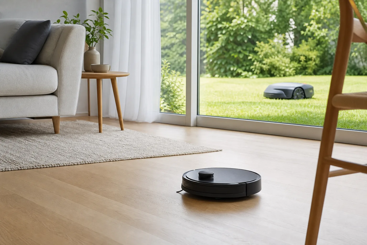 Ett vardagsrum där en robotdammsugare städar golvet, medan en robotgräsklippare syns genom fönstret på gräsmattan utanför