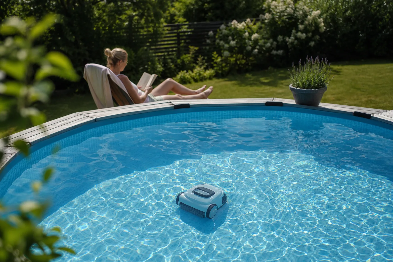 Poolrobot som rengör botten i en ovanmarkspool medan poolägaren kopplar av i en solstol bredvid