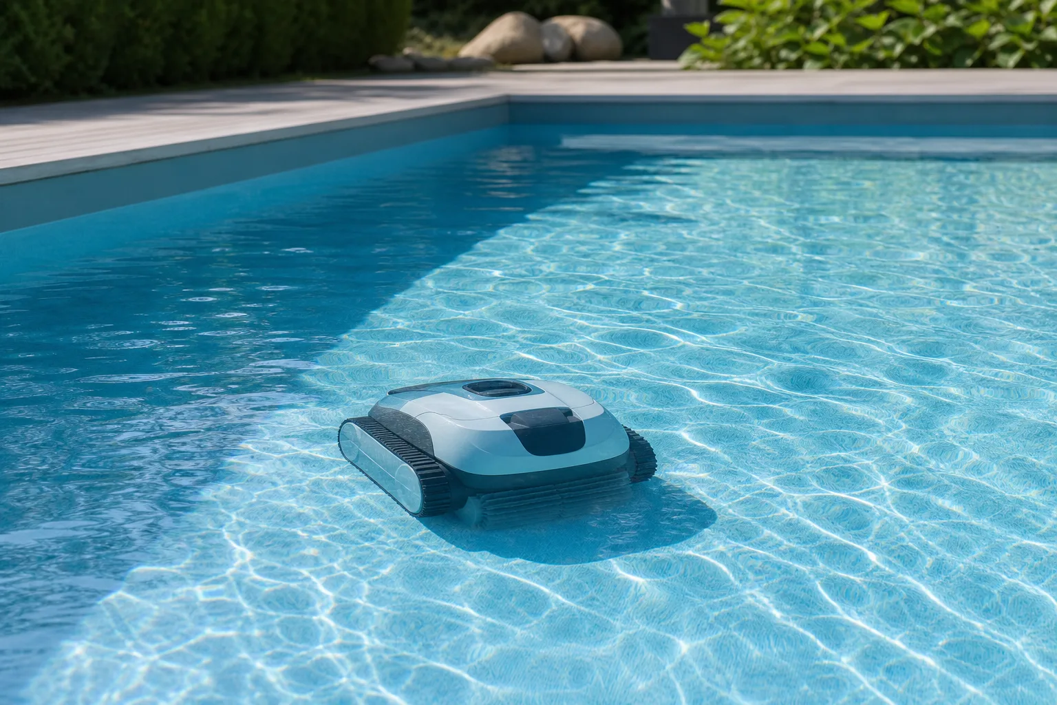 Poolrobot som rengör botten av en utomhuspool en solig dag