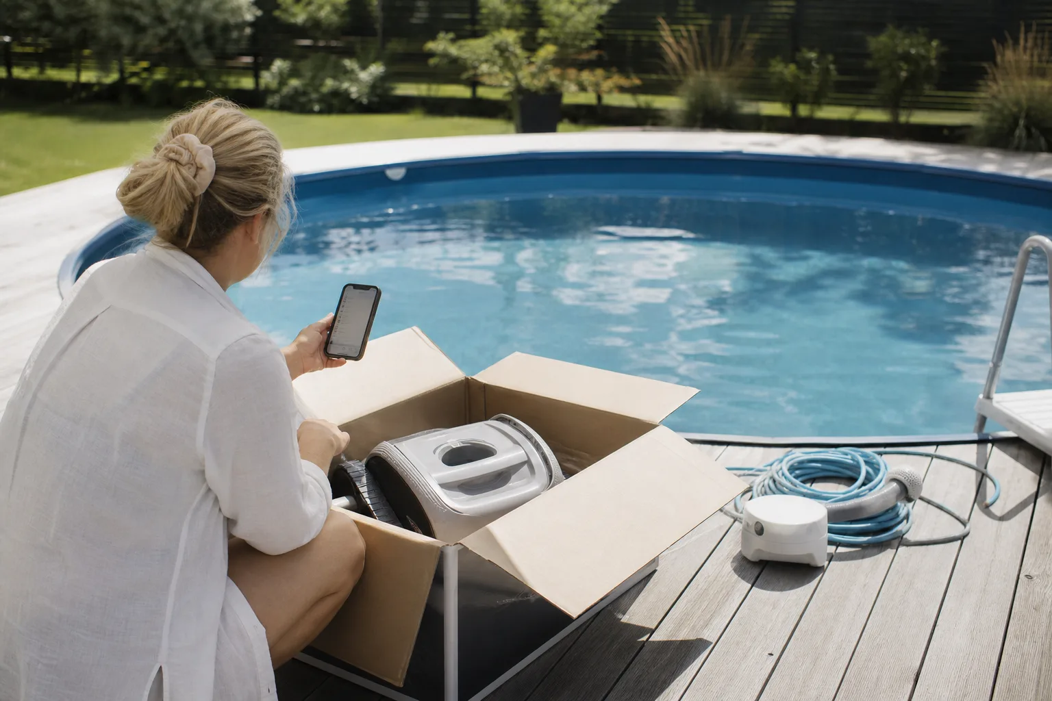 Person jämför poolrobotpriser på mobilen bredvid en nyinköpt poolrobot i förpackning vid en ovanmarkspool