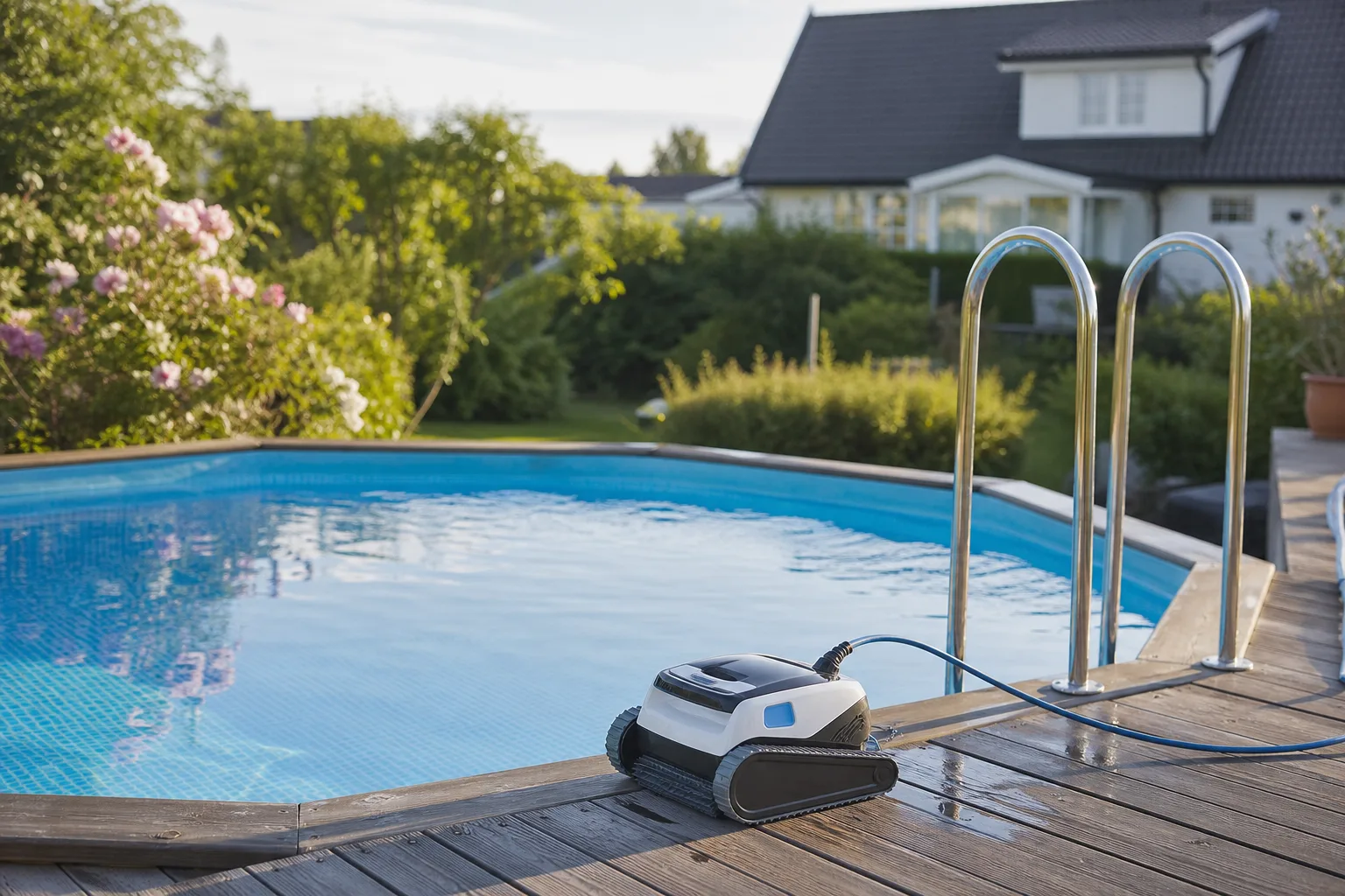 Kompakt sladdlös poolrobot vid kanten av en mindre ovanmarkspool i en svensk trädgård