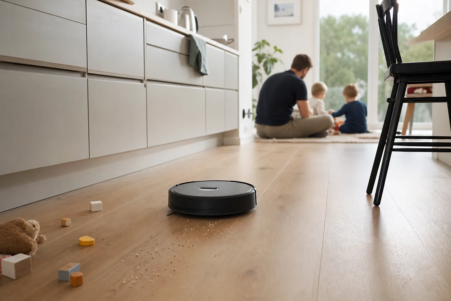 Robotdammsugare som städar bort leksaker och smulor i ett kök medan en förälder sitter med barnen i bakgrunden