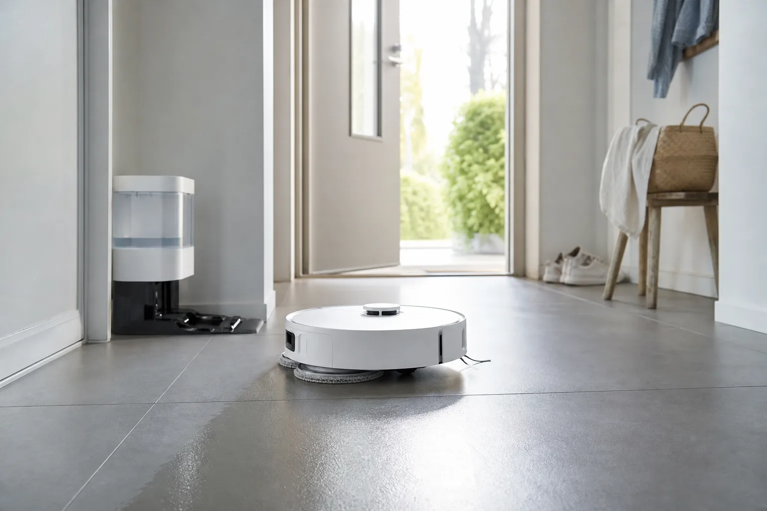 Robotdammsugare med utfällt mopparm som torkar av ett kaklat golv i en ljus hall, bredvid en laddstation med vattentank