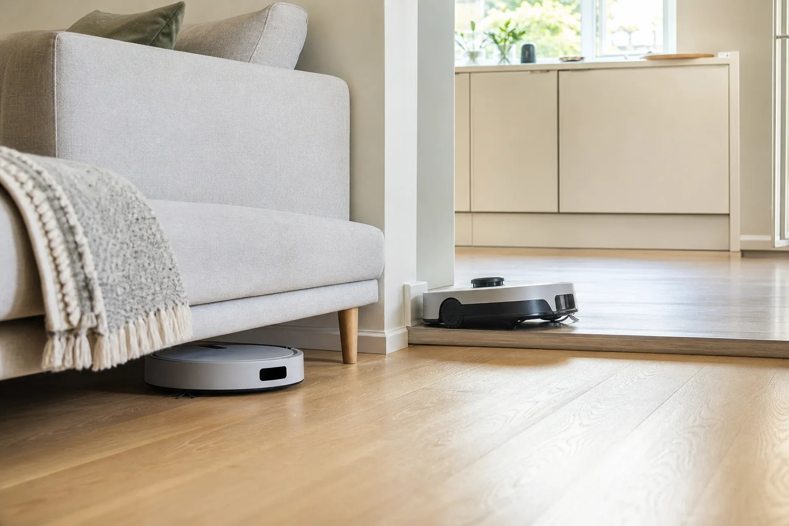 Två robotdammsugare i ett svenskt vardagsrum, en tunn modell som rullar under en soffa och en annan som lyfter sig över en tröskel mot köket