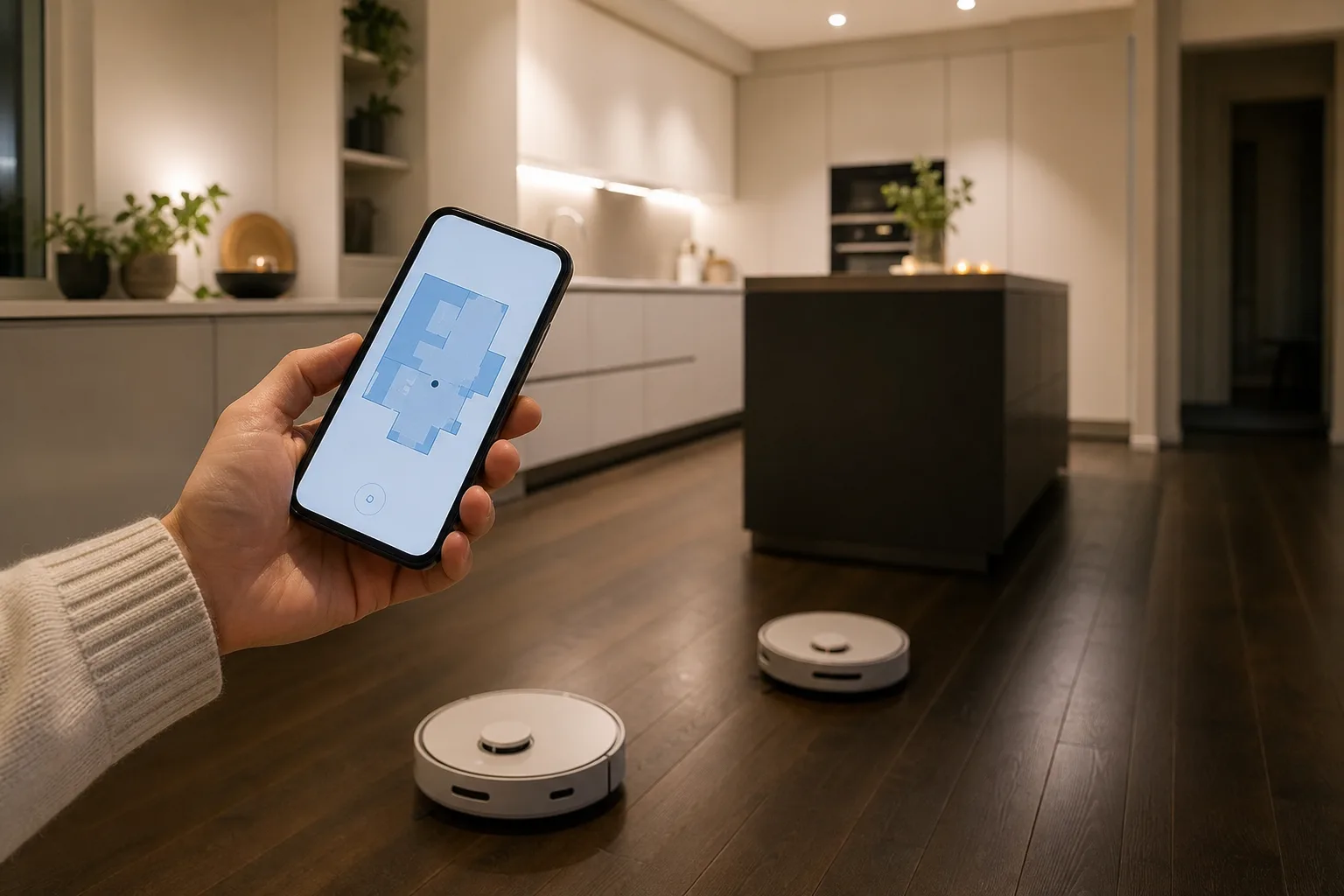 En hand håller en mobiltelefon med en enkel städkarta ovanför två robotdammsugare på ett mörkt trägolv i ett svenskt kök