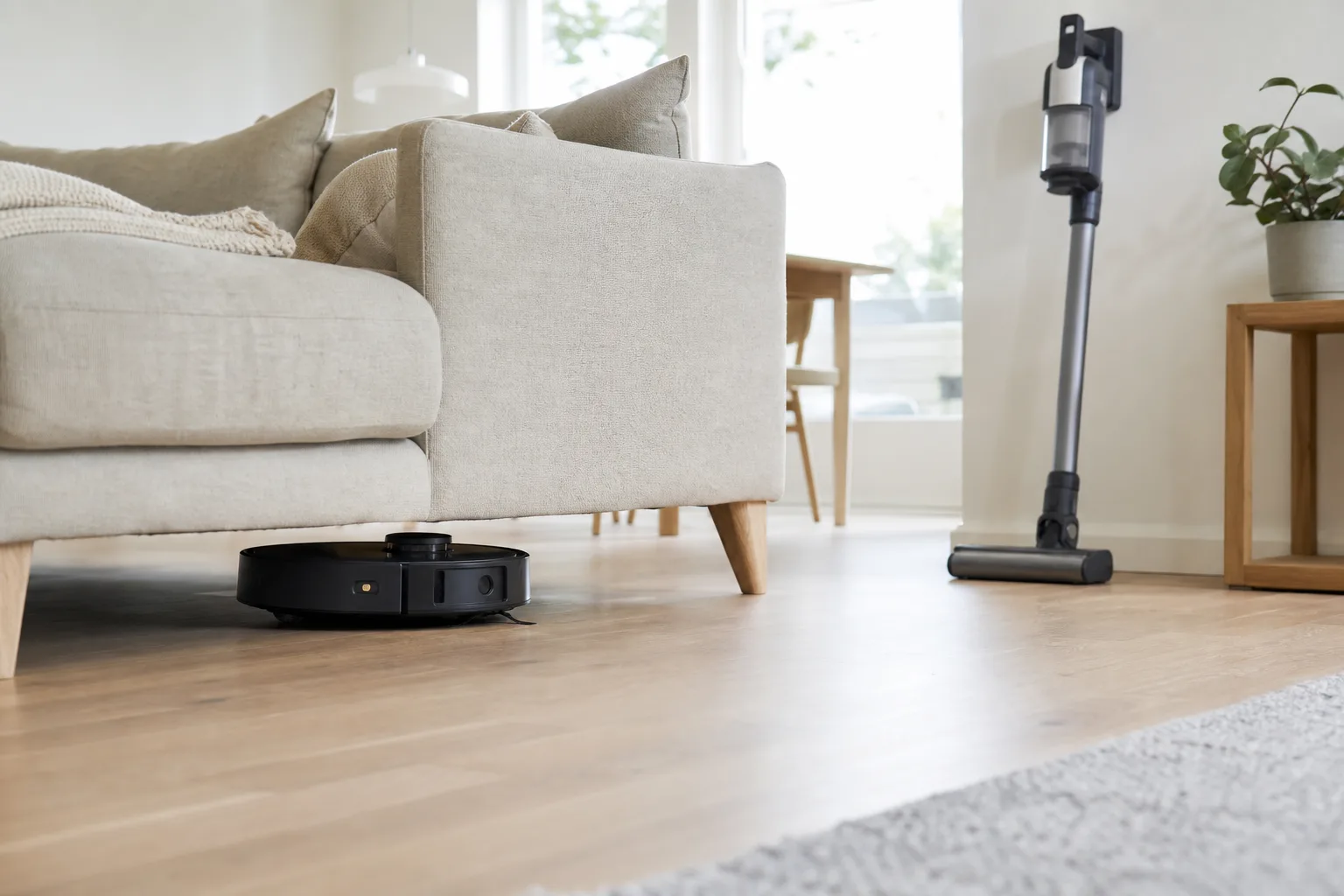 Robotdammsugare som städar under en soffa i en lägenhet, med en skaftdammsugare lutad mot väggen intill