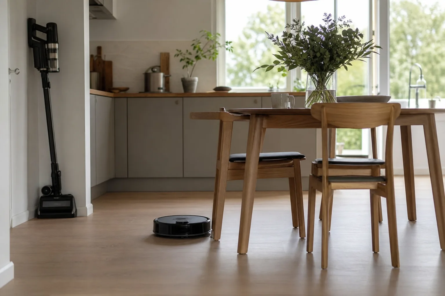 Robotdammsugare som kör under ett köksbord medan en vanlig dammsugare står parkerad i ett hörn