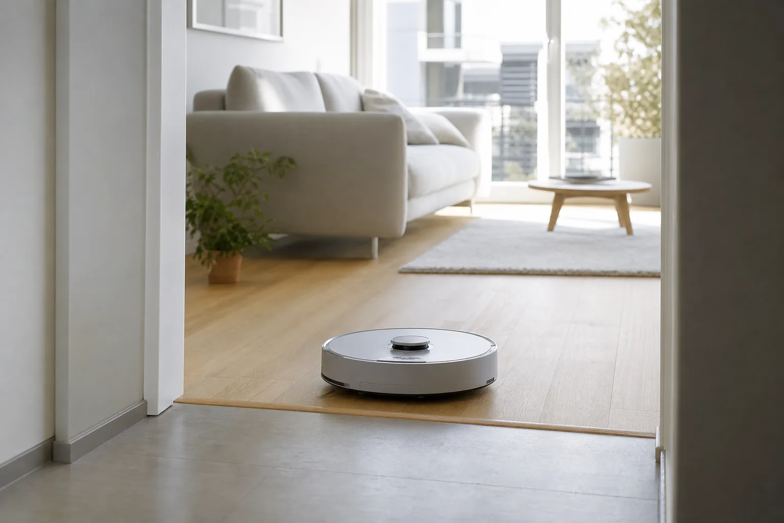 Robotdammsugare som kör över tröskeln mellan hallen och vardagsrummet i en ljus lägenhet med stora fönster