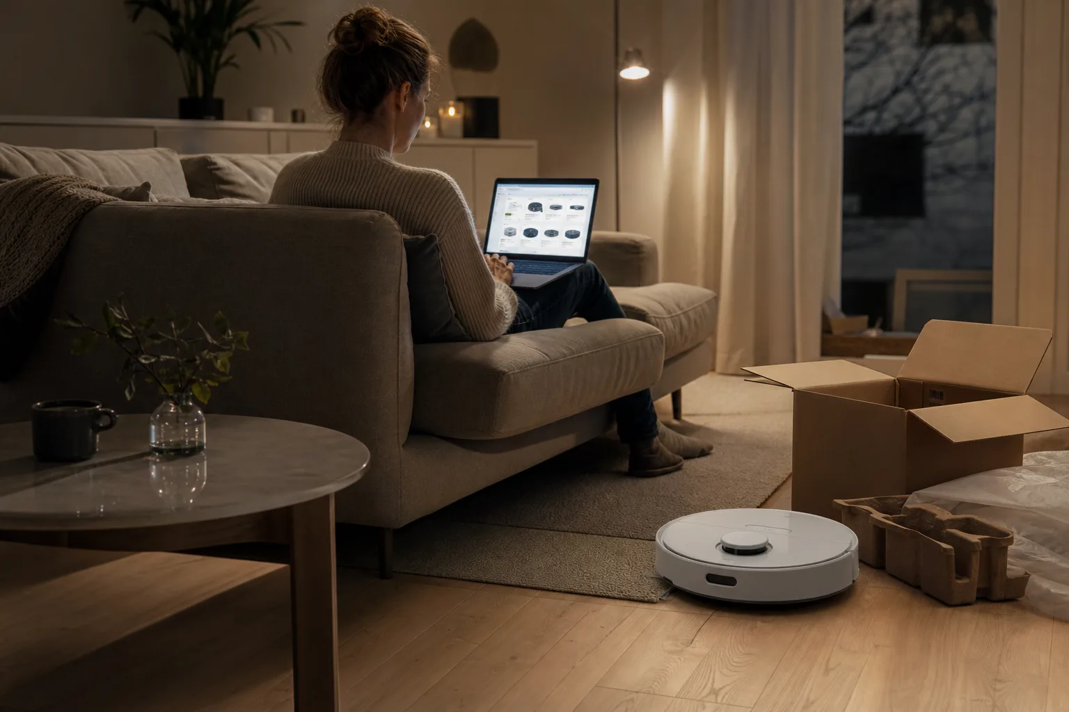 Person jämför priser på en bärbar dator i soffan en mörk vinterkväll bredvid en nyinköpt robotdammsugare och en flyttkartong