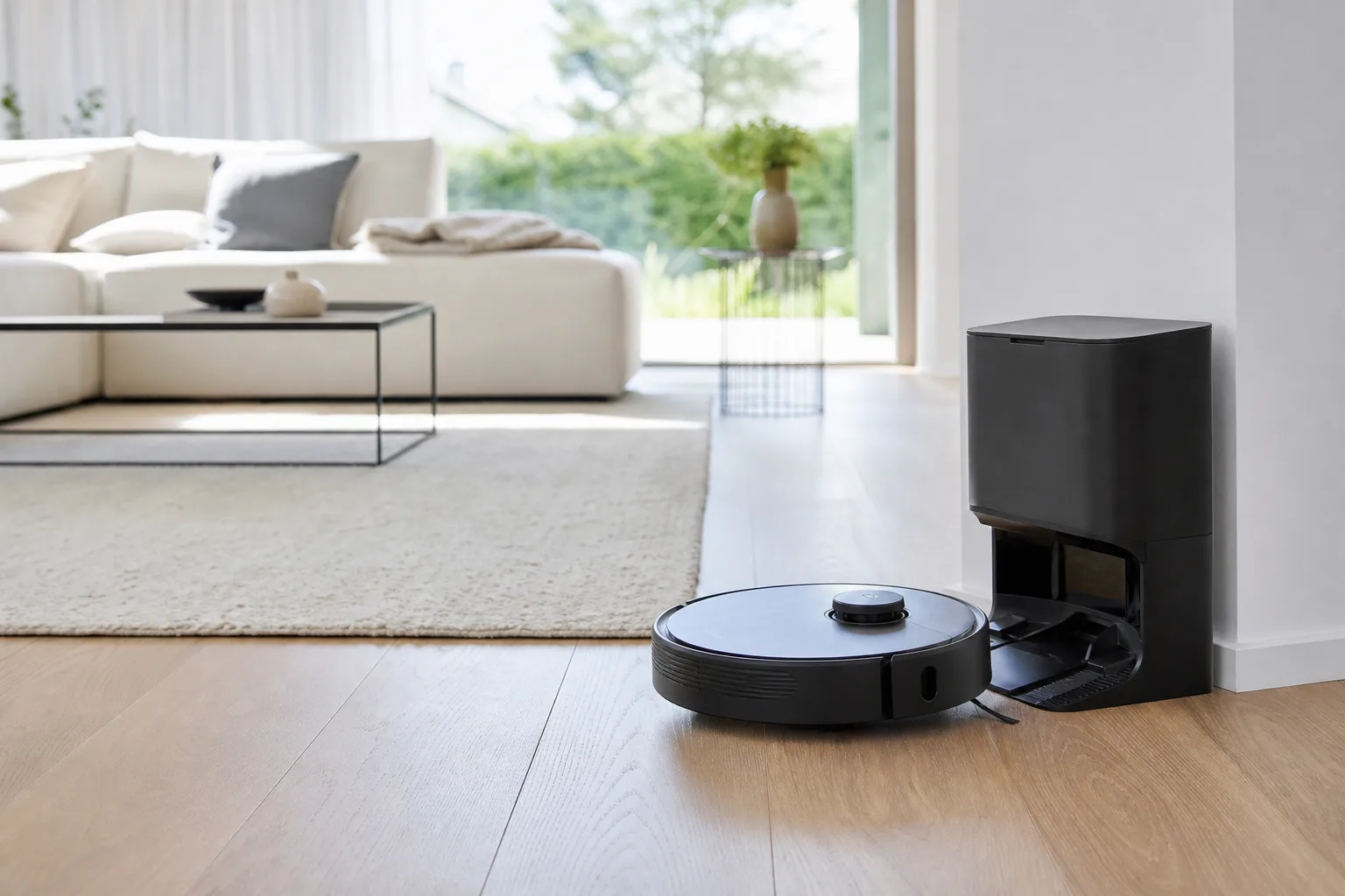 Robotdammsugare med tömningsstation som städar ett öppet vardagsrum i en svensk villa med parkettgolv och en matta