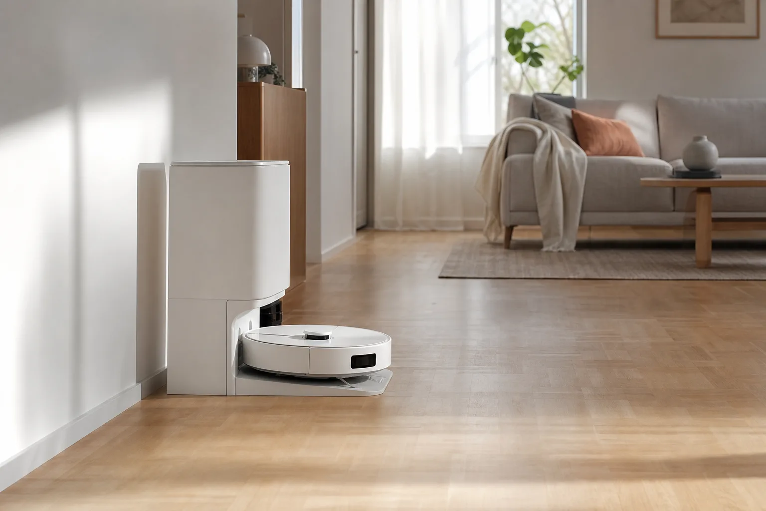 Robotdammsugare som återvänder till sin höga tömningsstation i ett svenskt vardagsrum med ljust golv