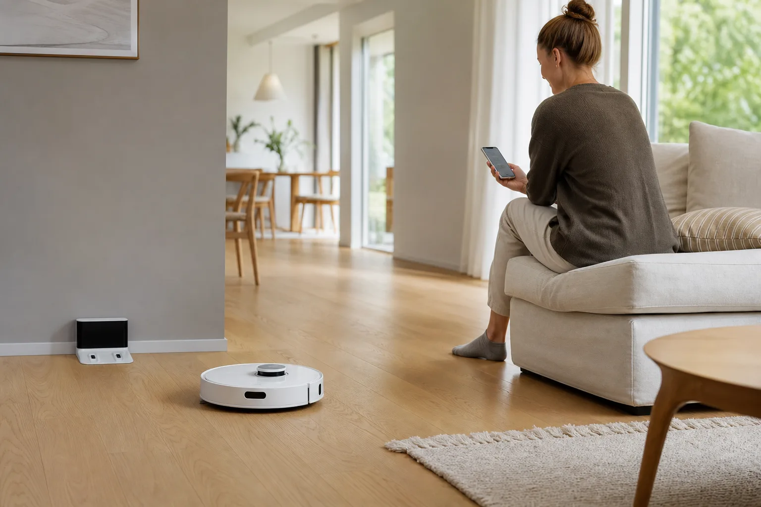 Robotdammsugare som städar ett ljust svenskt vardagsrum medan ägaren tittar road på appen i mobilen bredvid soffan