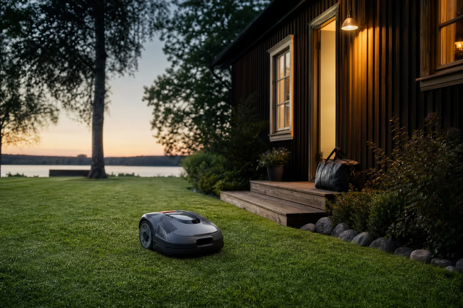 Robotgräsklippare som klipper gräsmattan vid ett tomt fritidshus i kvällsljus