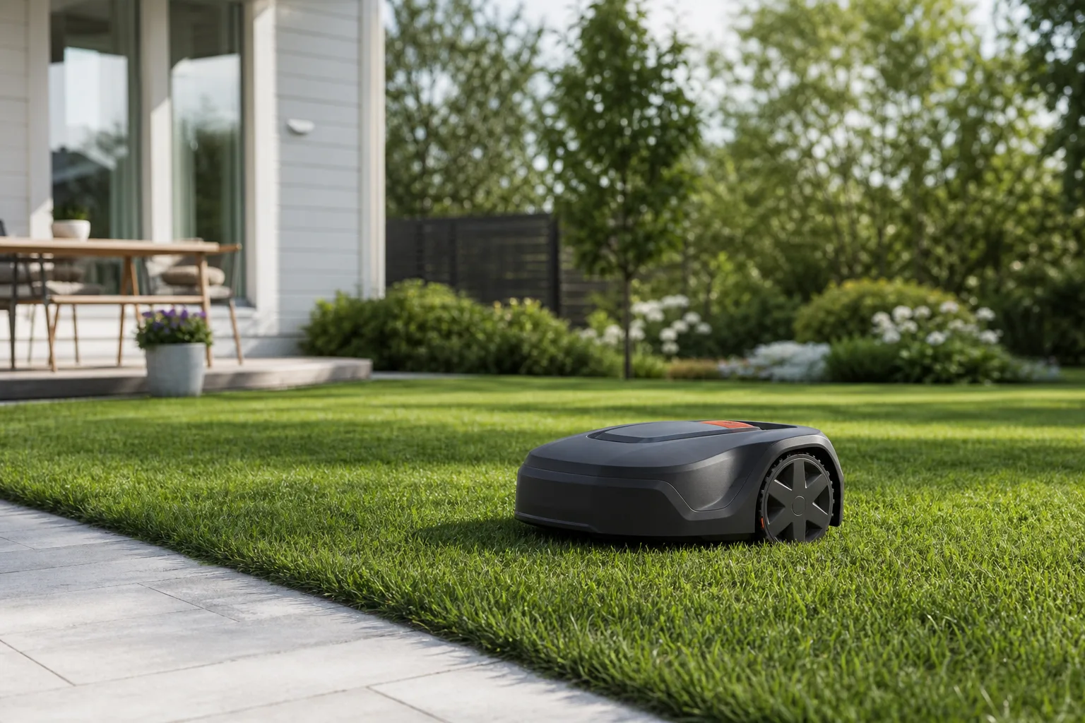 Kompakt robotgräsklippare som klipper en mindre svensk villagräsmatta en solig sommardag