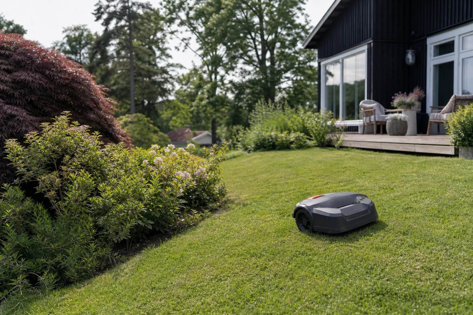 Robotgräsklippare som klipper en kuperad villatomt med en svag sluttning ner mot en rabatt