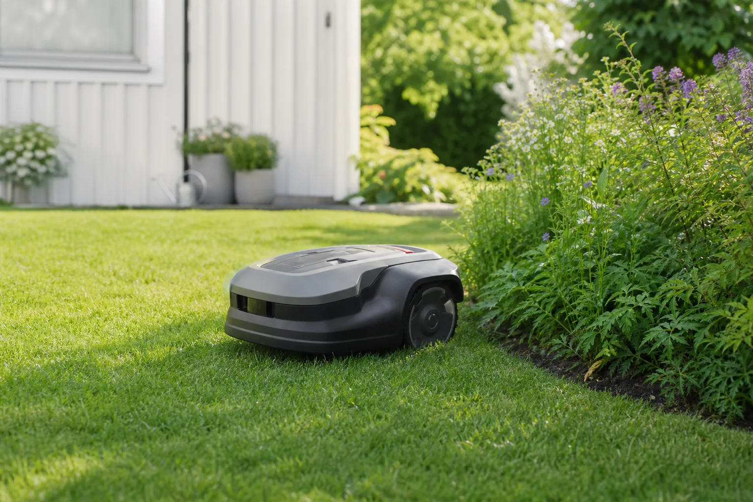 En robotgräsklippare klipper nära en rabatt utan synlig avgränsningskabel i gräset på en svensk villatomt
