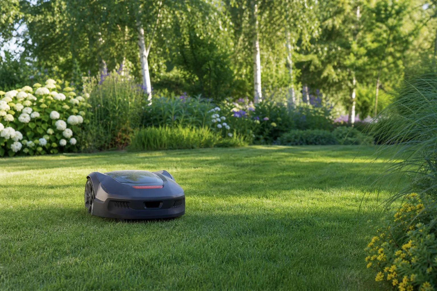 Robotgräsklippare som klipper en svensk villatomt utan synlig begränsningskabel i gräskanten