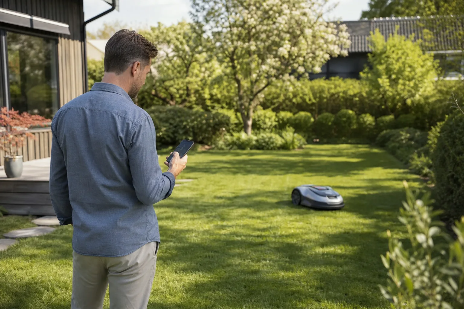 En person tittar på mobilen i sin trädgård medan en robotgräsklippare klipper gräsmattan i bakgrunden